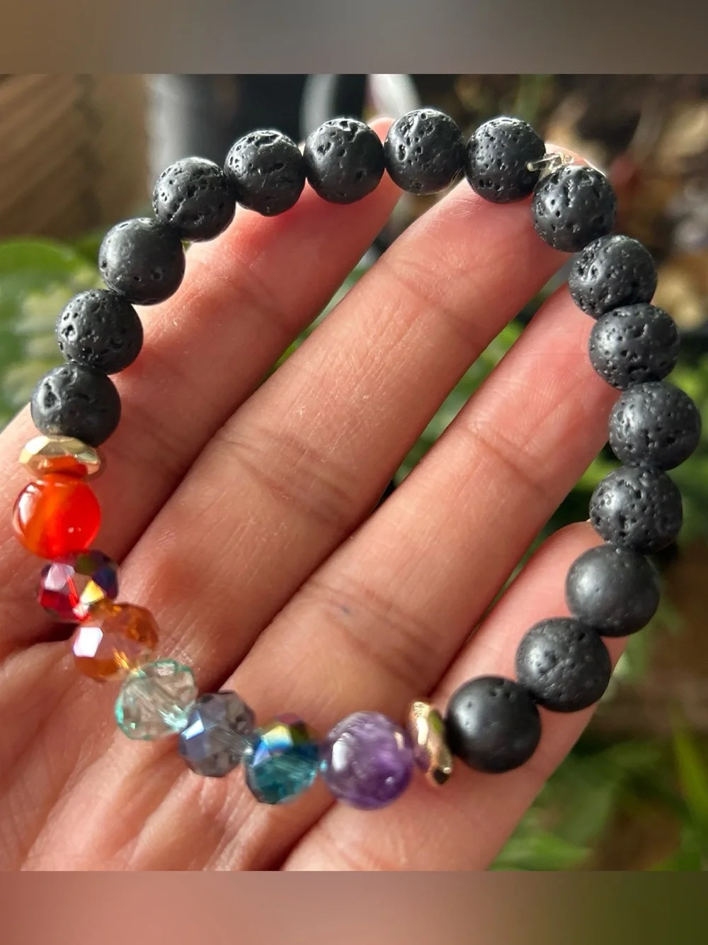 Black Lava Bead Bracelet with Rainbow Crystal Accent